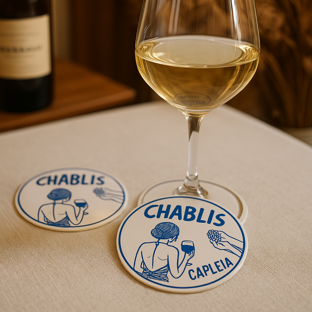 Dessous de verre 'L'Art du terroir' en coton biologique, illustrant une silhouette dégustant Chablis.